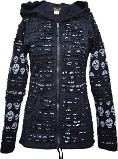 Women's Skull Printed Slashed Razor Cut Emo Gothic Ribs Hoodie Jacket