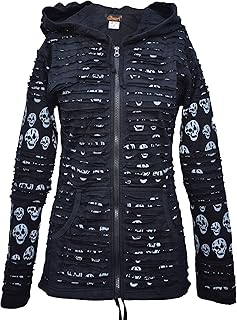 Women's Skull Printed Slashed Razor Cut Emo Gothic Ribs Hoodie Jacket