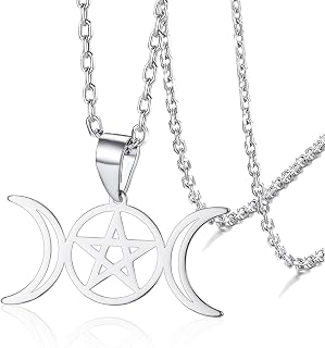 Triple Moon Goddess Necklace Wicca Pentagram Amulet Necklace Stainless Steel Jewelry