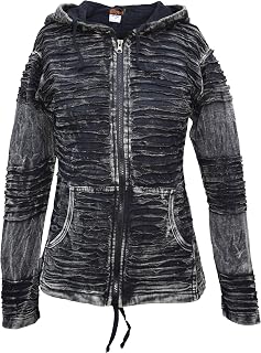 Womens Stonewashed Cotton Ribs Gothic Emo Funky Razor Cut Slashed Pointed Pixie Hood Jacket Hoodie