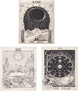 Simpkeely Pack of 3 Tarot Tapestries, The Sun The Moon The Star Tarot Card Tapestry Medieval Divination Wall Hanging with Rustproof Grommets, Mysterious Tapestry for Bedroom – 16" x 20"