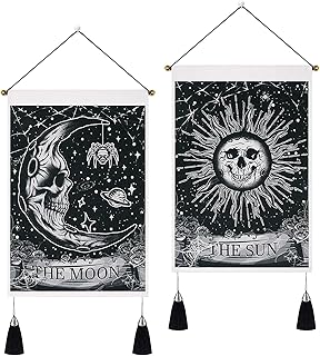 Yugarlibi Set of 2 Skeleton Small Tapestries with Tassels, Gothic Halloween Sun and Moon Wall Hanging, Black White Wall Art Tapestry for Bedroom Aesthetic, 35x50 cm