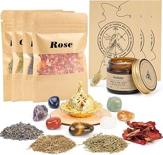 Wicca Witch Power Set with Sage Candles, 4 Magic Herbs and 7 Healing Crystals