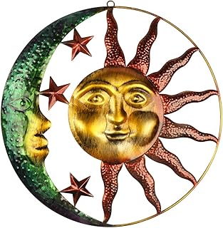 Fangoo Large Metal Sun and Moon Wall Art Decor Outdoor 3D Wall Hanging Decor Artistic Sun and Moon with Star Wall Sculpture for Home Garden Patio Porch Fence Decoration(40CM)