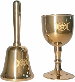 Mini Brass Triple Moon & Pentagram Altar Kit – Wiccan Altar Bell & Chalice Set, Sacred Ritual Tools for Witchcraft Supplies & Pagan Décor