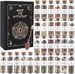 HOOMUU Witchcraft Supplies Herbs - 30 Bottles Dried Herbs Kit for Beginners - Altar Supplies Healing Herbal Natural Herbs Crystal Spoon for Wicca, Pagan Magic Spells and Bath