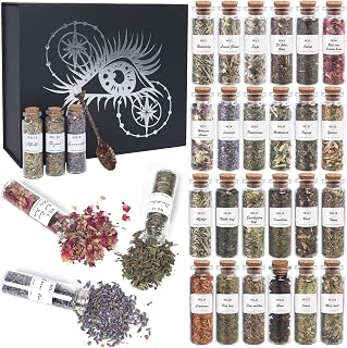 Witchcraft Supplies Herb and Flowers Kit - 24 Pieces Natural Dried Herbs Set with Crystals Spoon - Witchy Beginners Experienced Box for Spells Rituals Room Altar Decor