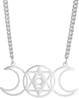 Triple Moon Goddess Pendant Necklace Triple Moon Pentagram Necklace Stainless Steel Triple Moon Goddess Amulet Wiccan Symbol Pendant Necklace Pagan Jewelry Gifts for Women Men Girls