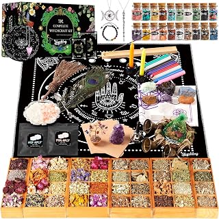 SHYSHINY Witchcraft Supplies Kit, 145Pack Wiccan Supplies and Tools Witchy Gifts for Beginners, Dried Herbs, Crystals, Candles, Green Witch Altar Starter Spell