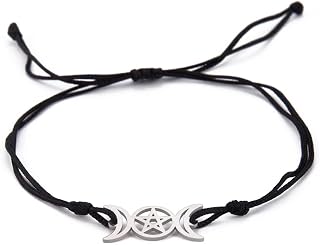 Triple Moon Goddess Pentagram Star Wax thread Bracelet Amulet Pentagram Religion Bangle Stainless Steel Jewelry Symbol Witchcraft Gifts For Women Girls
