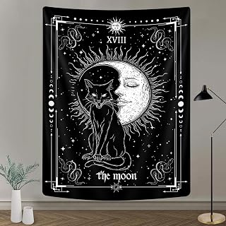 Gothic Black Cat Vertical Tapestry, Witchy Black and White Tarot Card Wing Bat Cat Cool Tapestries for Men, Moon Phases Aesthetic Anime Witchcraft Satanic Art Tapestry Wall Hanging for Bedroom Living