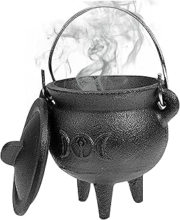 Cast Iron Cauldron with Lid and Handle, Moon Symbol, 3.94x2.95x2.95 inch, Halloween Decorative Candle Incense Burning Witchcraft Pot