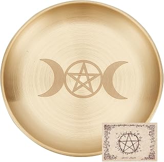 CREATCABIN Pentagram Altar Plate Moon Tarot Plate Ritual Burning Candle Holder Bowls Offering Incense Aromatherapy Tray Ceremony Plates with Altar Card Home Decor for Witchcraft Wiccan Golden 5.55in