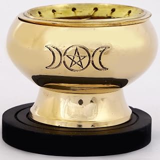 Indian Consigners Triple Moon Pentagram Brass Incense & Charcoal Burner – With Screen, Lid & Wooden Coaster – Wiccan Altar Resin Holder for Cone, Bakhoor & Charcoal Use