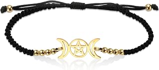 Triple Moon Goddess Bracelet for Women Men Wicca Pentagram Amulet Handmade Braided Moon Pentacle Bracelet Rope String Bracelet Pagan Jewelry