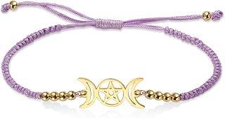 Triple Moon Goddess Bracelet for Women Men Wicca Pentagram Amulet Handmade Braided Moon Pentacle Bracelet Rope String Bracelet Pagan Jewelry