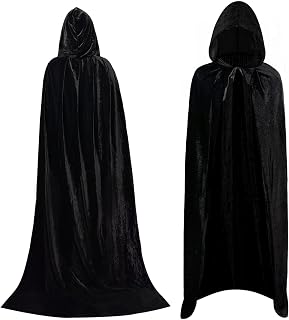 LYINUR Halloween Black Velvet Hooded Cape, Vampire Costume Black Cloak with Hood, Maleficent Medieval Cloak Wizard Devil Vampire Cape Grim Reaper Costume, Men Womens Halloween Costumes Adult