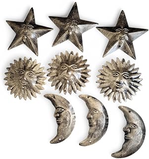 Mango Gifts Rustic Sun Moon Star Metal Wall Art | 9 Piece Antique Gold Set | Vintage Celestial Wall Hanging Decor for Boho, Farmhouse & Outdoor Garden | Sun & Moon Face Home Decoration