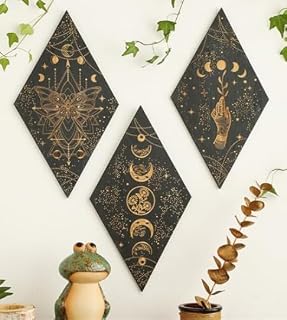 KYSUN 3 Pcs Boho Wall Decor Moon Stars Sun Phases Wall Art Boho Gothic Witchy Room Decor Aesthetic Moon Phase Wall Hanging Rustic Wooden Sign Minimalist Wall Pediments for Home Bedroom,Black