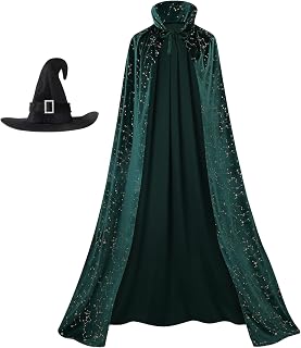 Adults Velvet Hooded Cape Costume, Starry Cloak for Women Men Witch Wizard Magician Cosplay Halloween Masque Party