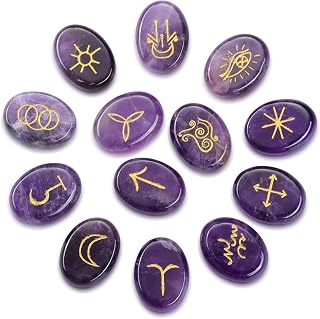 CrystalTears Amethyst Crystal Rune Stones Witches Healing Crystals Gemstone Engraved with Reiki Rune Symbol Natural Amethyst Stones Set for Witchcraft Reiki Healing Divination Meditation