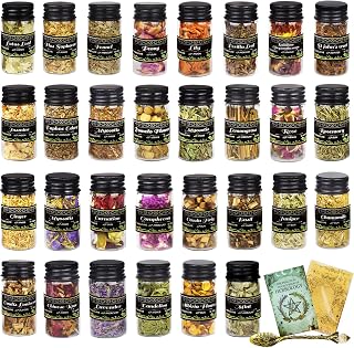 30 Pack Witchcraft Supplies Herbs and Flowers Kit, Natural Dried Herbs Bottles Set with Crystals Spoon, Flowers Bottles Kit for Witch Beginner,Spells Rituals Room Altar Decor (30 Herbs & Flowers)