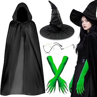 Wicked Witch Costume Accessories Set for Women, Witch Fancy Dress with Cape Witches Hat Green Gloves with Claws Wicked Glasses for Halloween Cosplay Dress Up