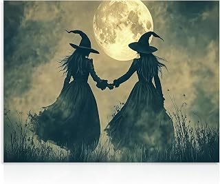 Dazzlewall Dark Halloween Wall Art Print, Gothic Witches Holding Hands Moon Artwork Print Halloween Poster Wall Decor for Home Bedroom, 16x12 in Unframed