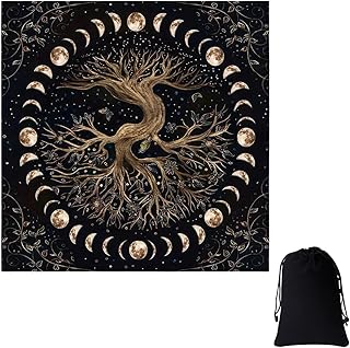 Moon Phase Tree of Life Tarot Reading Cloth,49x49cm Soft Velvet Altar Cloth for Tarot Cards Reading, Witchcraft Divination Supplies with Black Storage Bag for Oracle Cards, Wiccan Spiritual Decor