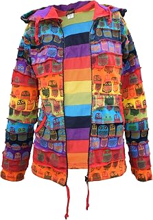 Ladies Owl Printed Patchwork Pixie Hoody Rainbow Multicolor Jacket