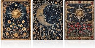 Dazzlewall 3Pcs Vintage Boho Gothic Wall Art Set,Sun & Moon Tarot Cards Floral Mysterious Occult Canvas Prints for Bedroom Living Room Decor 12x16 in Unframed