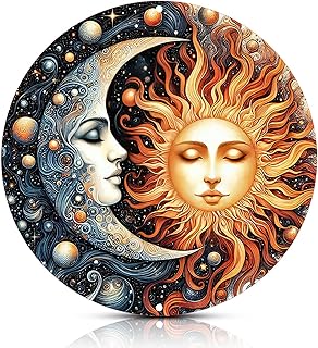 Vintage Sun And Moon Aluminum Wall Art, Classic Metal Wall Art, Elegant Celestial Decor, Retro Whimsical Decor, Round Tin Sign for Patio Outdoor & Wall Decoration, 8×8 Inch