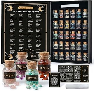 Healing Crystals Set 30 Mini Gemstone Bottles - GiftGem Crystal Gifts for Witches, Witchcraft Supplies with Selenite and Grid Cloth, Natural Crystal Chips for Chakra Rituals Wish Jars Home Decor