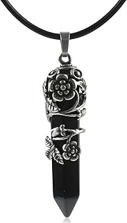Gothic Obsidian Crystal Point Necklace with Hexagonal Prism Pendant - Black Cord Choker for Women, Silver Tone Floral Leaf Motif, Gift for Birthdays, Halloween & Christmas