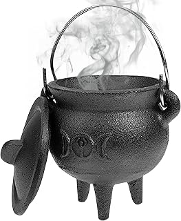 Cauldron Cast Iron Witchcraft, Cast Iron Cauldron with Lid and Handle Halloween 3.94x2.95x2.95inch Decorative Candle Incense Burning Witchcraft Pot, Moon