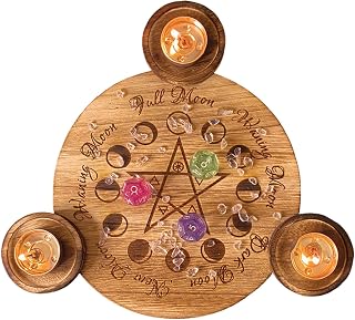 Pentagram Moon Phase Wooden Altar Plate with 3 Tealight Holders, Wiccan Ritual Candle Holder Board, Engraved Moon Phase Divination Grid, Witchcraft Tarot Crystal Display Tray, Pagan Spiritual Decor