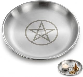 Round Stainless Steel Pentagram Moon Altar Tray Candle Incense Holder Plate
