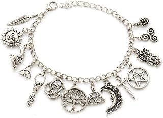 Vintage Witchy Charm Bracelet for Women - Antique Silver Celestial Gothic Jewelry with Tree of Life Moon Sun Pentagram Owl Charms, Adjustable Wiccan Pagan Boho Gift for Her