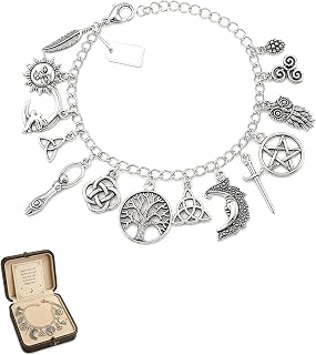 Vintage Witchy Charm Bracelet for Women, Silver Celtic Tree of Life Triquetra Pentacle Moon Owl Multi Charms Chain, Wiccan Pagan Spiritual Amulet Gothic Witch Jewellery Gifts