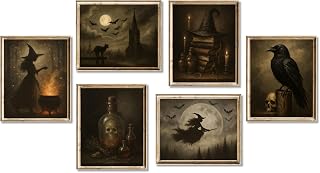 AUNMER Halloween Witch Wall Art Prints, Set of 6 Vintage Gothic Posters, 8 x 10 Inch Witch Raven Skull and Black Cat Pictures, Unframed Spooky Halloween Decorations for Living Room Bedroom