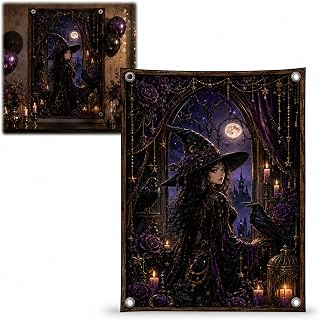 Gothic Witch Tapestry Wall Hanging, Purple 120 x 80 cm with Ribbon