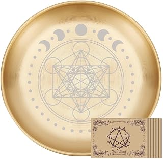 5.55 Inch Witch Altar Tray for Candle Burning Metatron Pattern Offering Bowl Gold Flat Round Stainless Steel Candle Plate Includes Altar Card for Rituals Burning Incense Ceremonies Decor