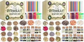 Tassika Witchcraft Starter Kit, Witchcraft Supplies for Wiccan Altar- 126 Pack of Crystals Dried Herbs, Colored Magic Candles, Charm Bags and Ritual Witches Salt for Spells, Baby Witches…